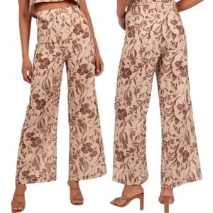 Petal + Pup Irina Floral Wide Leg Pants Linen Blend XL Tan Brown High Rise Boho